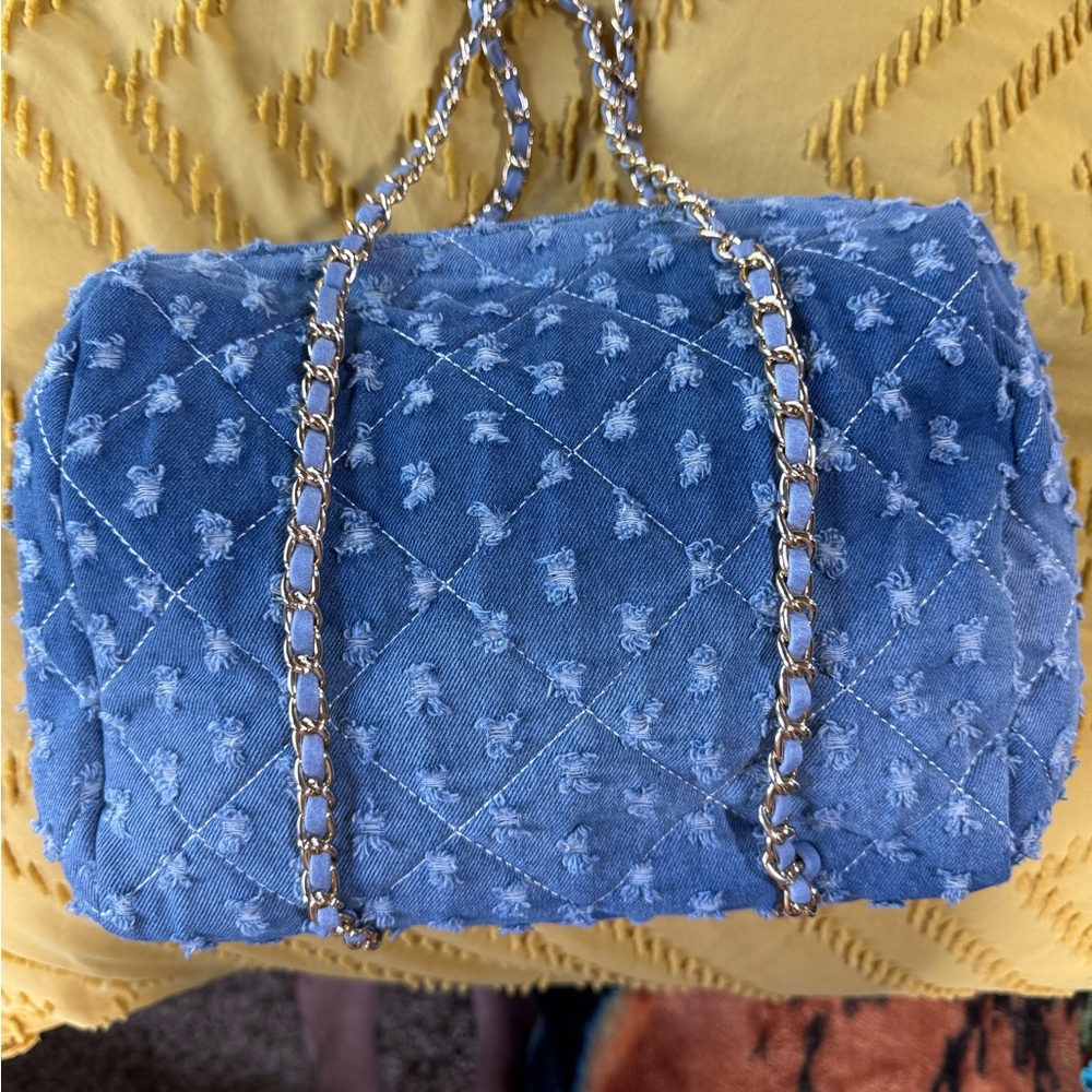 Blue Quilted denim Chain Shoulder Bag